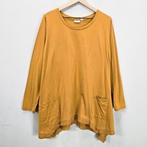 Logo Lori Goldstein Tunic Top 3X Mustard Yellow Jersey Modal Blend Asymmetrical